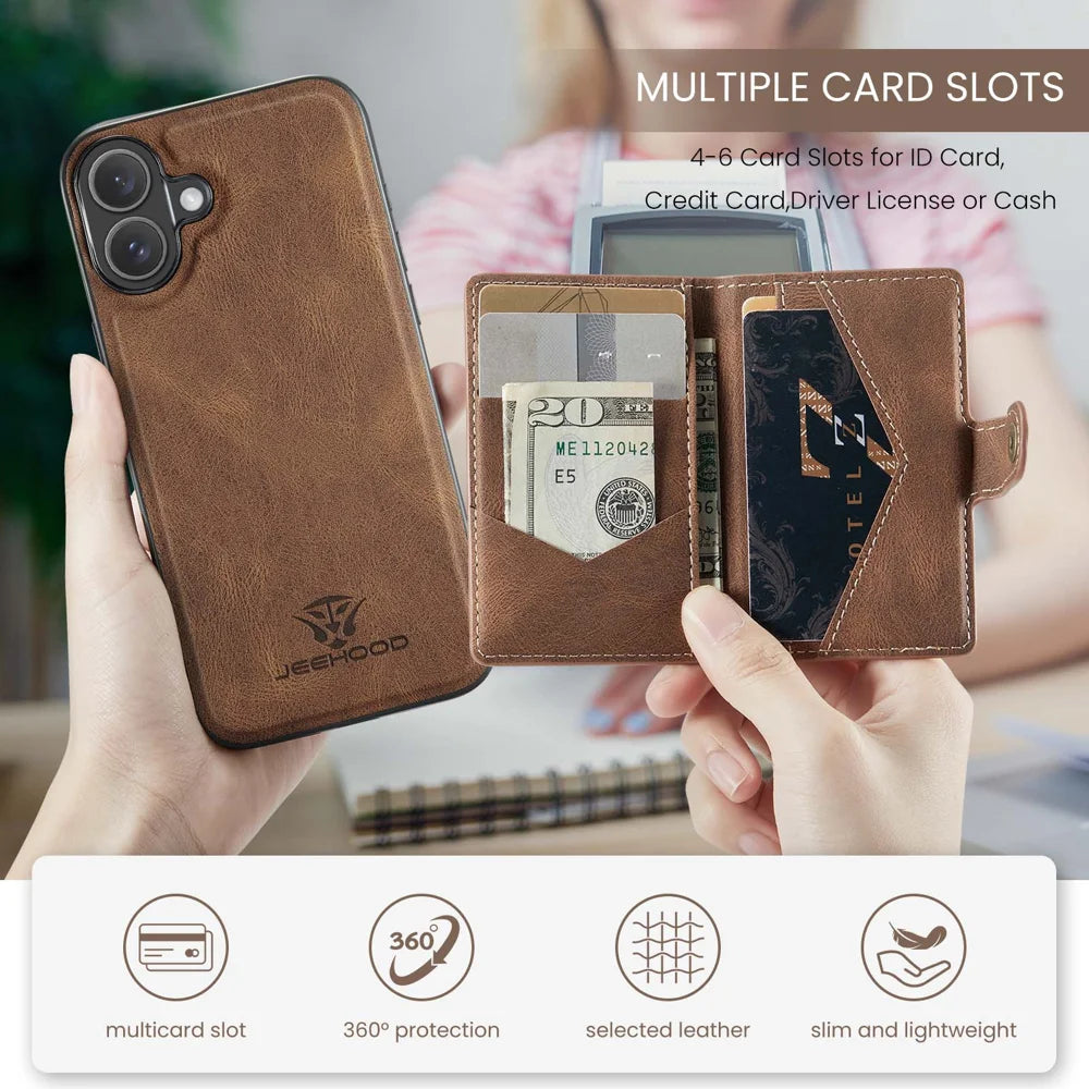 JEEHOOD For iPhone 17 Case  J01 Retro Leather + TPU Phone Cover Detachable Magnetic Card Holder - Brown - 3