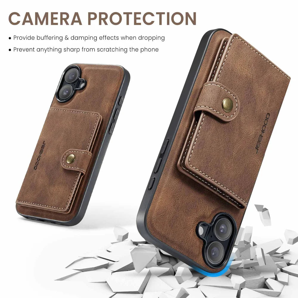 JEEHOOD For iPhone 17 Case  J01 Retro Leather + TPU Phone Cover Detachable Magnetic Card Holder - Brown - 6