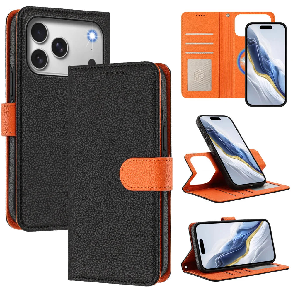 For iPhone 18 Pro Max / 17 Pro Max Leather Case Detachable Wallet Magnetic Phone Cover with Hand Strap - Black / Orange - 1