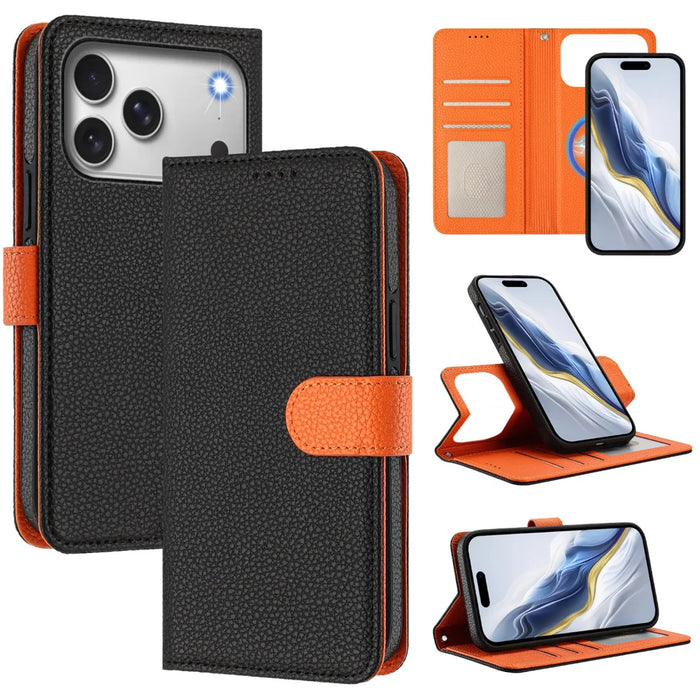 For iPhone 18 Pro Max / 17 Pro Max Leather Case Detachable Wallet Magnetic Phone Cover with Hand Strap - Black / Orange - 1