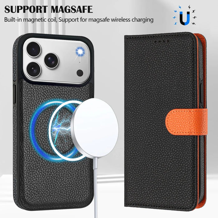 For iPhone 18 Pro Max / 17 Pro Max Leather Case Detachable Wallet Magnetic Phone Cover with Hand Strap - Black / Orange - 3