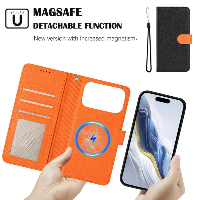 For iPhone 18 Pro Max / 17 Pro Max Leather Case Detachable Wallet Magnetic Phone Cover with Hand Strap - Black / Orange - 4