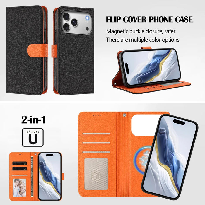 For iPhone 18 Pro Max / 17 Pro Max Leather Case Detachable Wallet Magnetic Phone Cover with Hand Strap - Black / Orange - 6