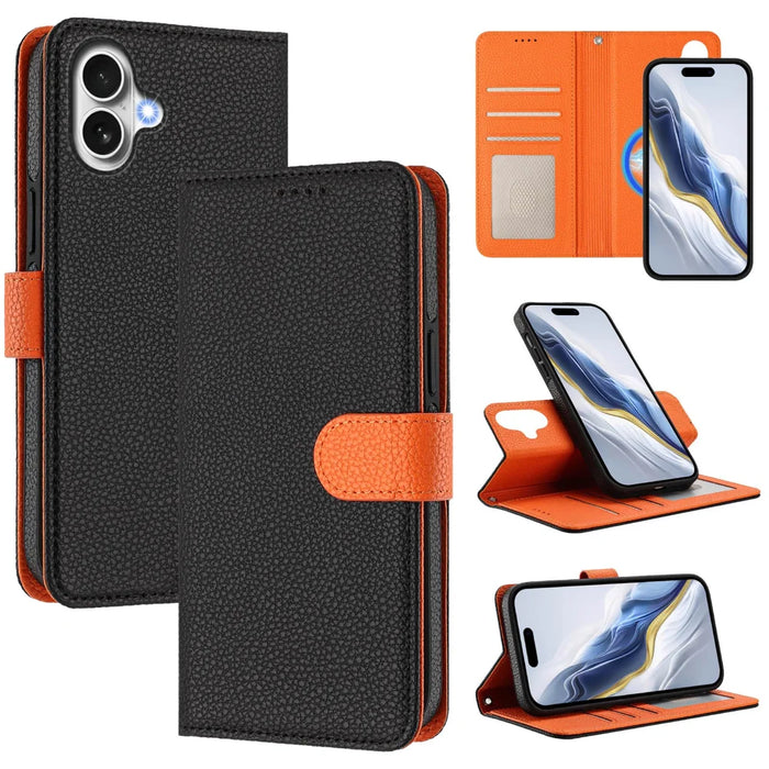 For iPhone 17 Leather Case Detachable Wallet Magnetic Phone Cover with Hand Strap - Black / Orange - 1