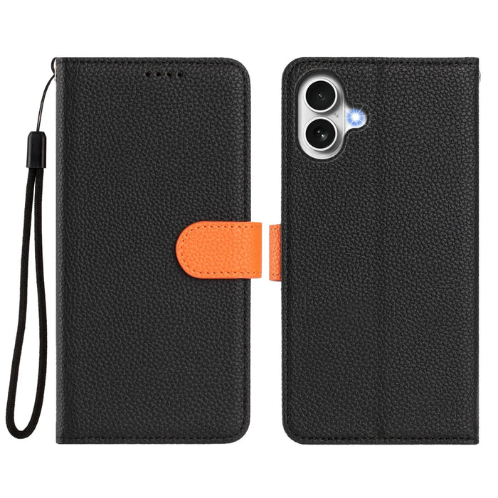 For iPhone 17 Leather Case Detachable Wallet Magnetic Phone Cover with Hand Strap - Black / Orange - 2