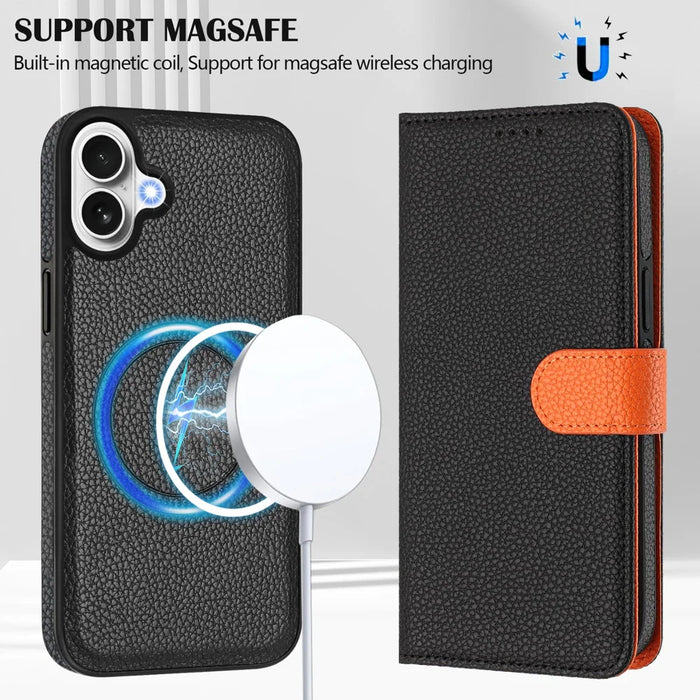 For iPhone 17 Leather Case Detachable Wallet Magnetic Phone Cover with Hand Strap - Black / Orange - 3