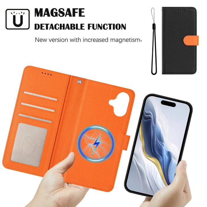 For iPhone 17 Leather Case Detachable Wallet Magnetic Phone Cover with Hand Strap - Black / Orange - 4