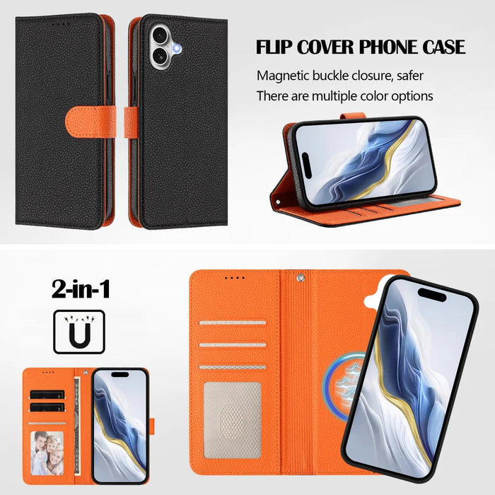For iPhone 17 Leather Case Detachable Wallet Magnetic Phone Cover with Hand Strap - Black / Orange - 6