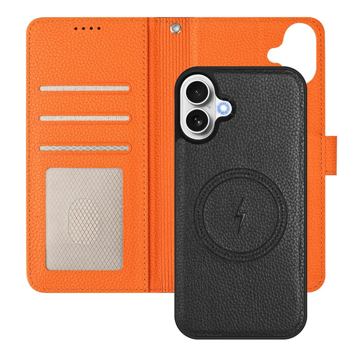 For iPhone 17 Leather Case Detachable Wallet Magnetic Phone Cover with Hand Strap - Black / Orange - 7