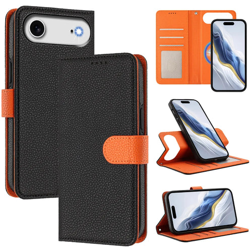 For iPhone Air Leather Case Detachable Wallet Magnetic Phone Cover with Hand Strap - Black / Orange - 1
