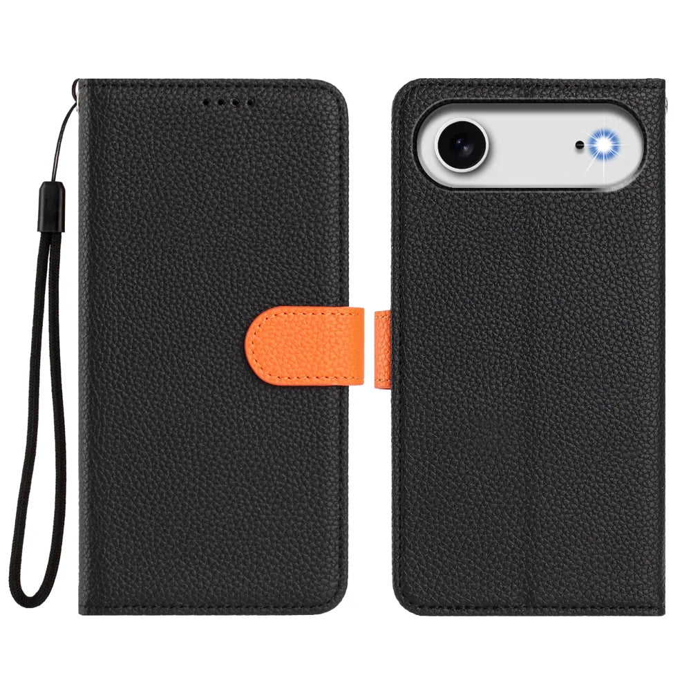 For iPhone Air Leather Case Detachable Wallet Magnetic Phone Cover with Hand Strap - Black / Orange - 2