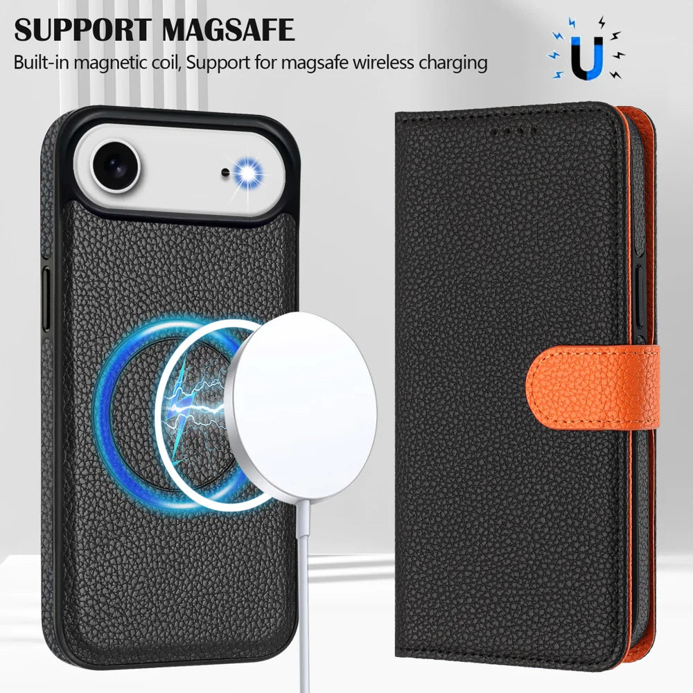 For iPhone Air Leather Case Detachable Wallet Magnetic Phone Cover with Hand Strap - Black / Orange - 3