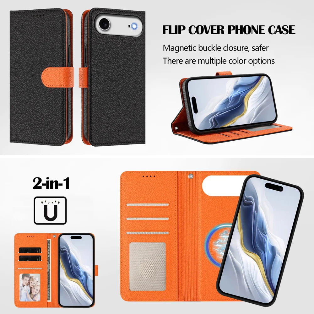 For iPhone Air Leather Case Detachable Wallet Magnetic Phone Cover with Hand Strap - Black / Orange - 6