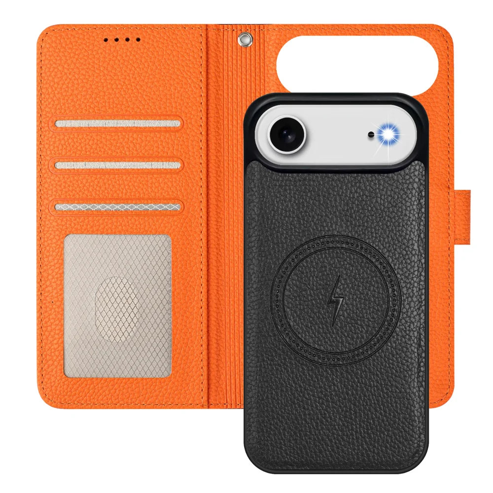 For iPhone Air Leather Case Detachable Wallet Magnetic Phone Cover with Hand Strap - Black / Orange - 7