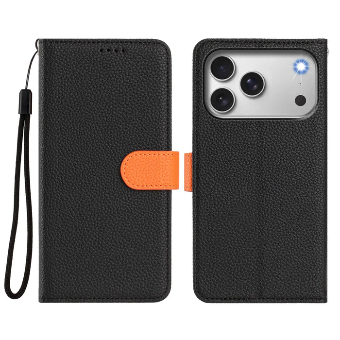 For iPhone 18 Pro / 17 Pro Leather Case Detachable Wallet Magnetic Phone Cover with Hand Strap - Black / Orange - 2