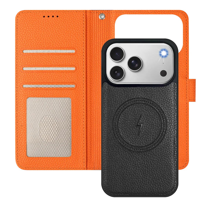 For iPhone 18 Pro / 17 Pro Leather Case Detachable Wallet Magnetic Phone Cover with Hand Strap - Black / Orange - 7