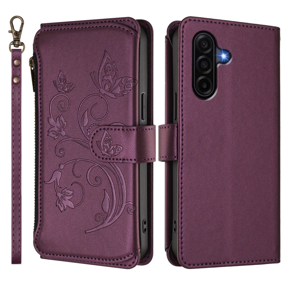 For Samsung Galaxy A57 5G Leather Case Butterfly Floral Imprint Zipper Wallet Stand Cover with Wrist Strap - Purple - 2