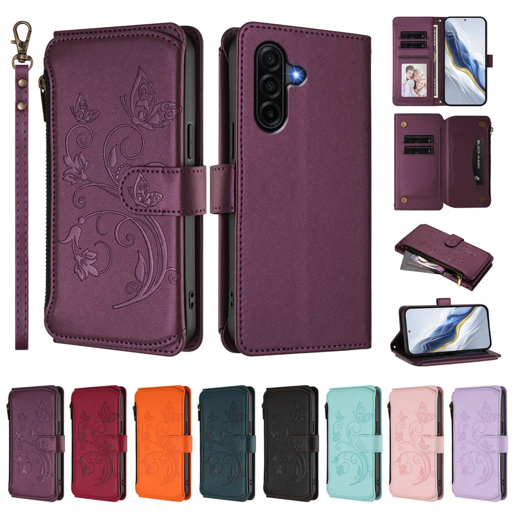For Samsung Galaxy A37 5G / A36 5G / A56 5G Leather Case Butterfly Floral Imprint Zipper Wallet Stand Cover with Wrist Strap - Purple - 4
