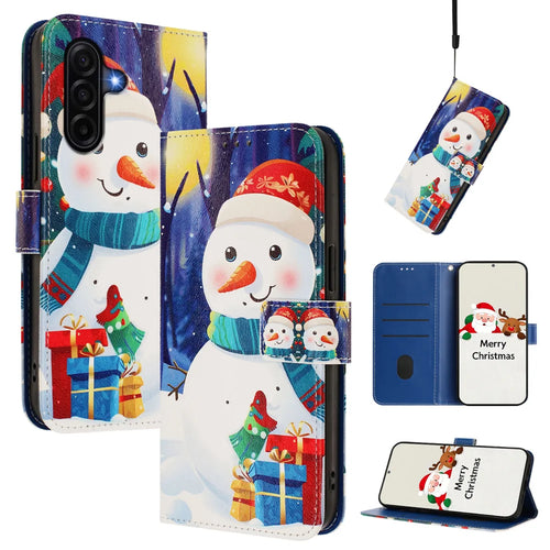 For Samsung Galaxy A57 5G Wallet Case Christmas Pattern Printing Leather Phone Cover with Lanyard - Gift Box Snowman - 1