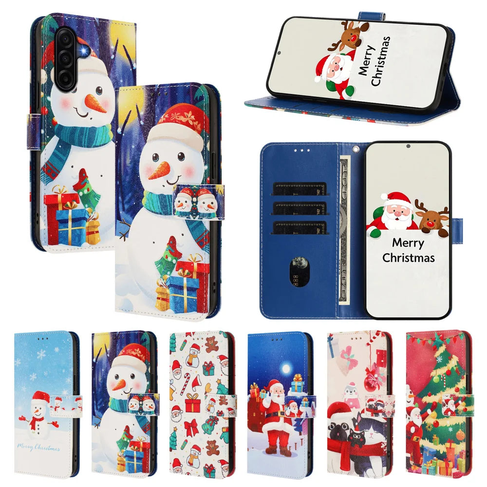 For Samsung Galaxy A57 5G Wallet Case Christmas Pattern Printing Leather Phone Cover with Lanyard - Gift Box Snowman - 4