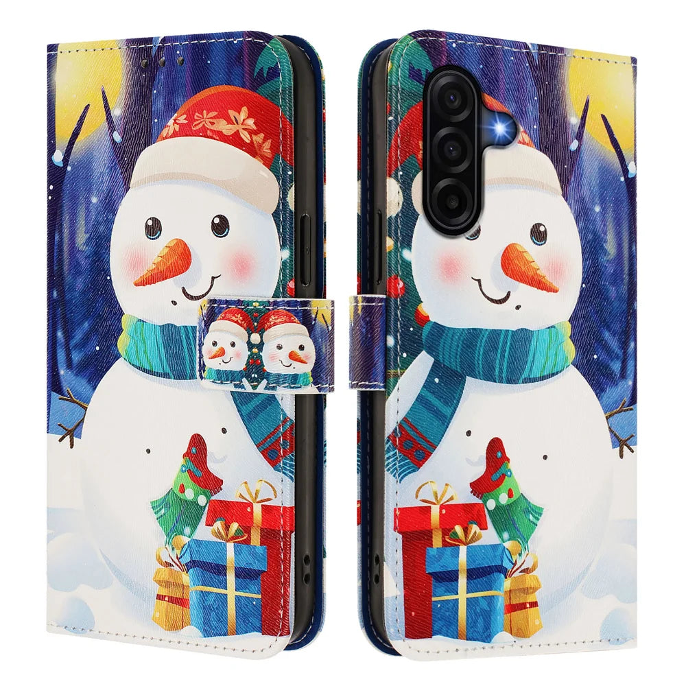 For Samsung Galaxy A37 5G / A36 5G / A56 5G Wallet Case Christmas Pattern Printing Leather Phone Cover with Lanyard - Gift Box Snowman - 2