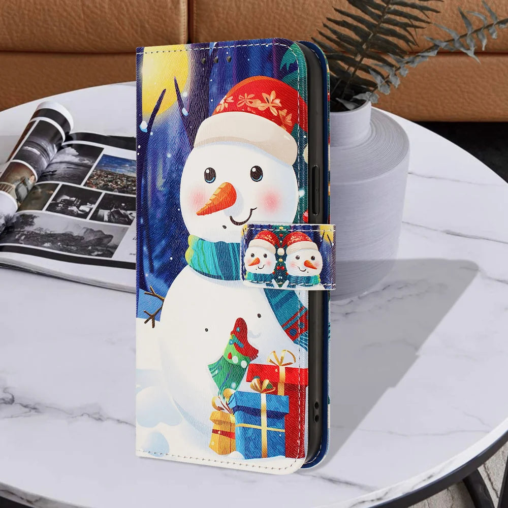 For Samsung Galaxy A37 5G / A36 5G / A56 5G Wallet Case Christmas Pattern Printing Leather Phone Cover with Lanyard - Gift Box Snowman - 7