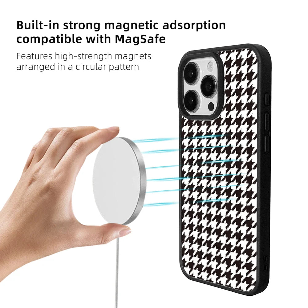 EYCASE For iPhone 14 Pro Max Magnetic Case  Grid Series Black Edge TPU + Acrylic Cover - Black White Houndstooth - 4