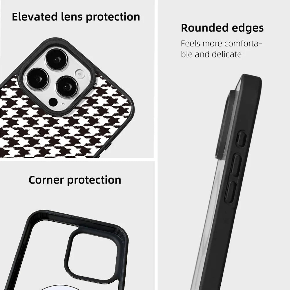 EYCASE For iPhone 14 Pro Max Magnetic Case  Grid Series Black Edge TPU + Acrylic Cover - Black White Houndstooth - 5