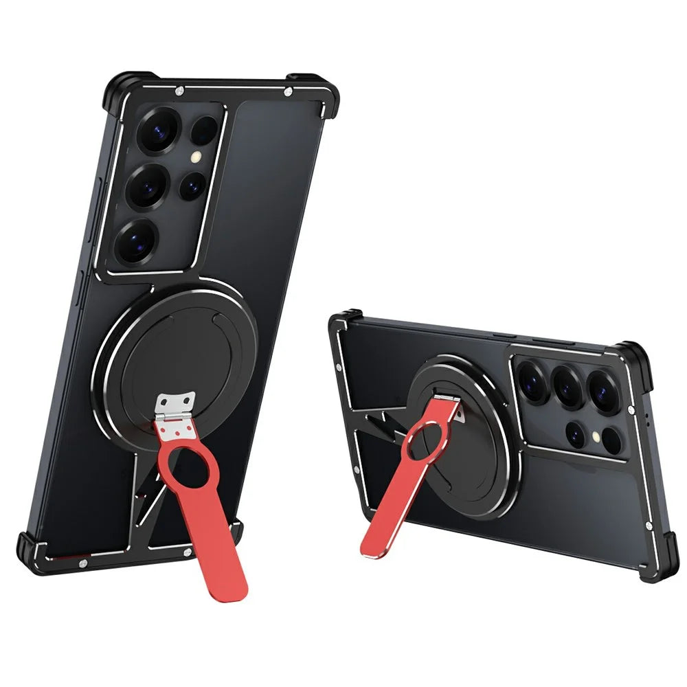 For Samsung Galaxy S25 Ultra Magnetic Case Aluminium Alloy Frameless Phone Cover with Kickstand - Black  /  Silver - 1