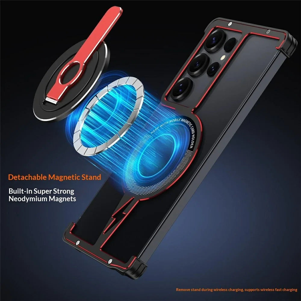 For Samsung Galaxy S25 Ultra Magnetic Case Aluminium Alloy Frameless Phone Cover with Kickstand - Black  /  Silver - 3