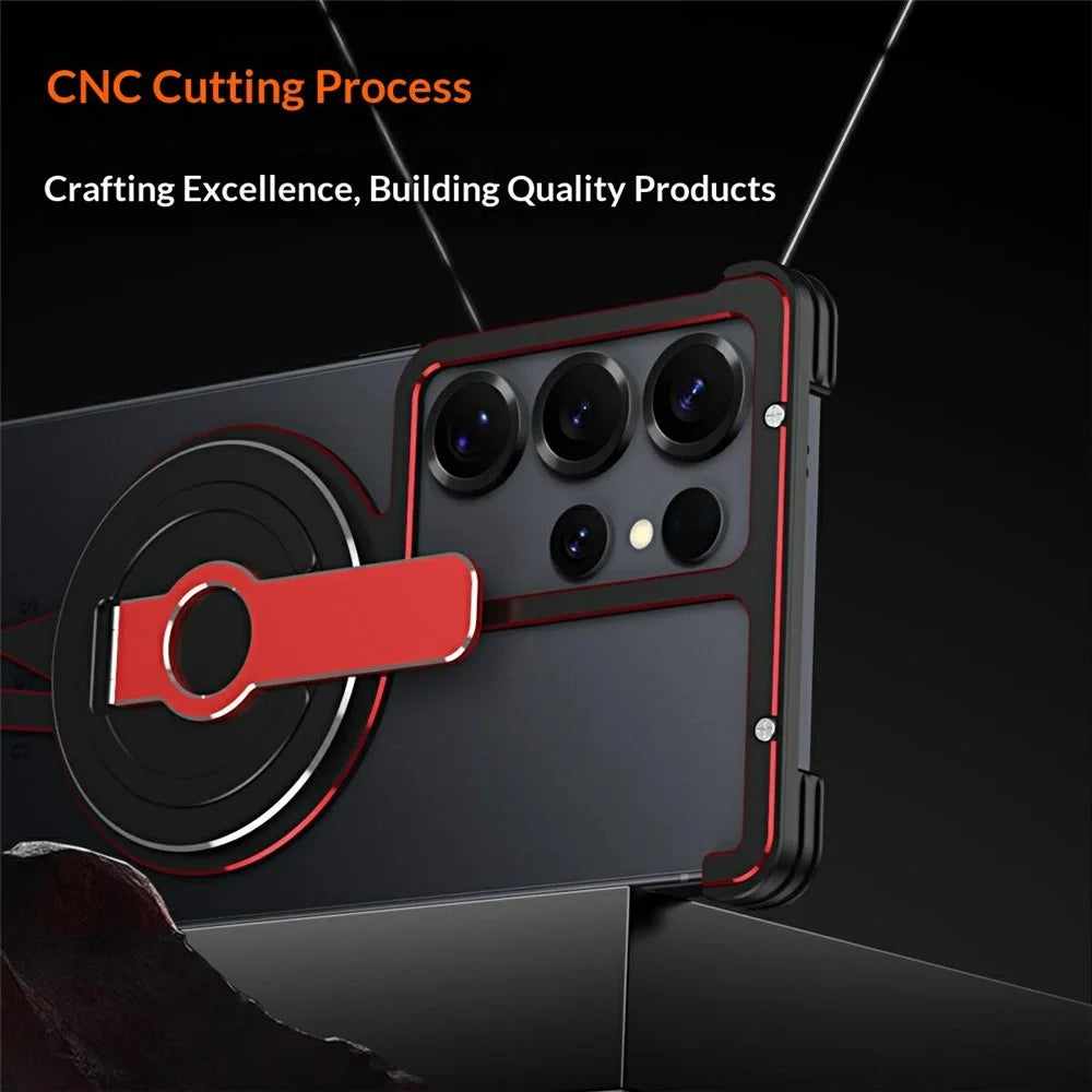 For Samsung Galaxy S25 Ultra Magnetic Case Aluminium Alloy Frameless Phone Cover with Kickstand - Black  /  Silver - 4