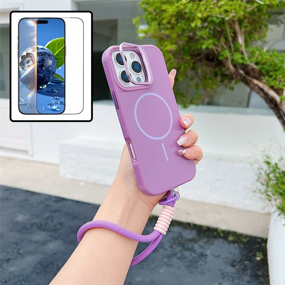 For iPhone 16 Pro Max Magnetic Case  TPU + PC Lens Kickstand Phone Cover with Tempered Glass and Strap Compatible with MagSafe - Purple - 1