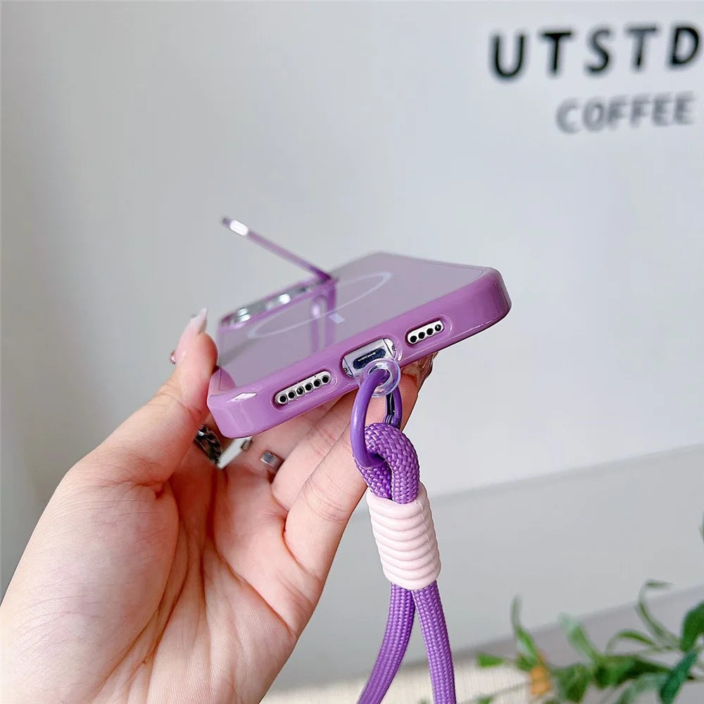 For iPhone 16 Pro Max Magnetic Case  TPU + PC Lens Kickstand Phone Cover with Tempered Glass and Strap Compatible with MagSafe - Purple - 2