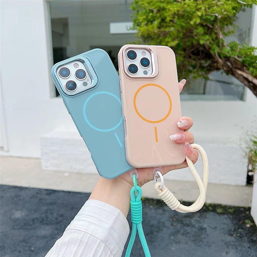For iPhone 16 Pro Max Magnetic Case  TPU + PC Lens Kickstand Phone Cover with Tempered Glass and Strap Compatible with MagSafe - Purple - 6