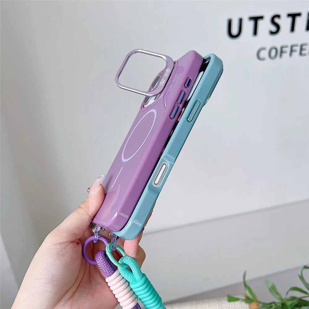 For iPhone 16 Pro Max Magnetic Case  TPU + PC Lens Kickstand Phone Cover with Tempered Glass and Strap Compatible with MagSafe - Purple - 7
