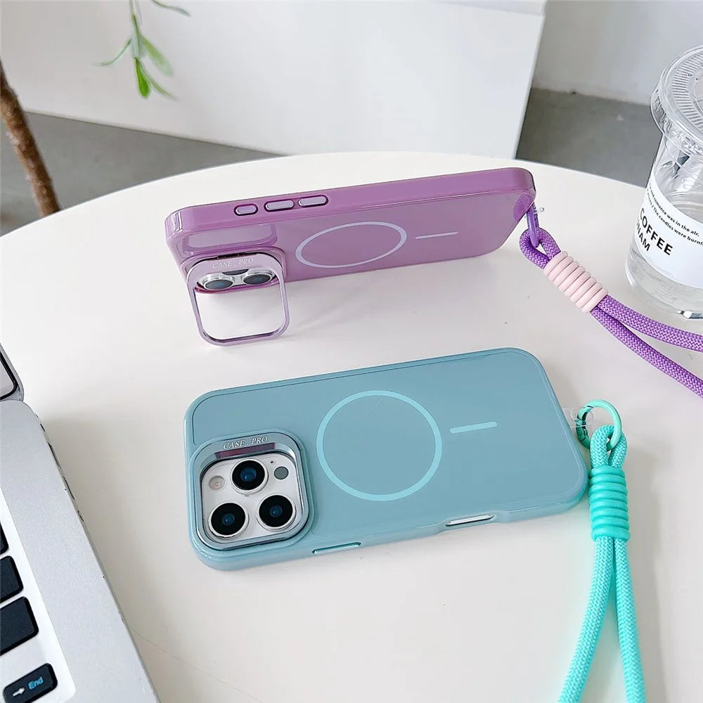 For iPhone 16 Pro Magnetic Case  TPU + PC Lens Kickstand Phone Cover with Tempered Glass and Strap Compatible with MagSafe  - Purple - 3
