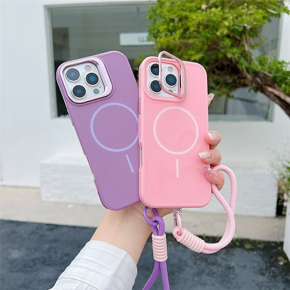 For iPhone 16 Pro Magnetic Case  TPU + PC Lens Kickstand Phone Cover with Tempered Glass and Strap Compatible with MagSafe  - Purple - 4