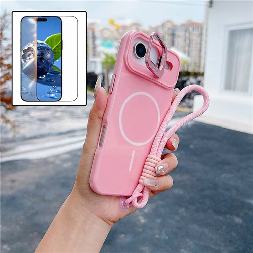For iPhone Air Magnetic Case  TPU + PC Lens Kickstand Phone Cover with Tempered Glass and Strap Compatible with MagSafe - Pink - 1