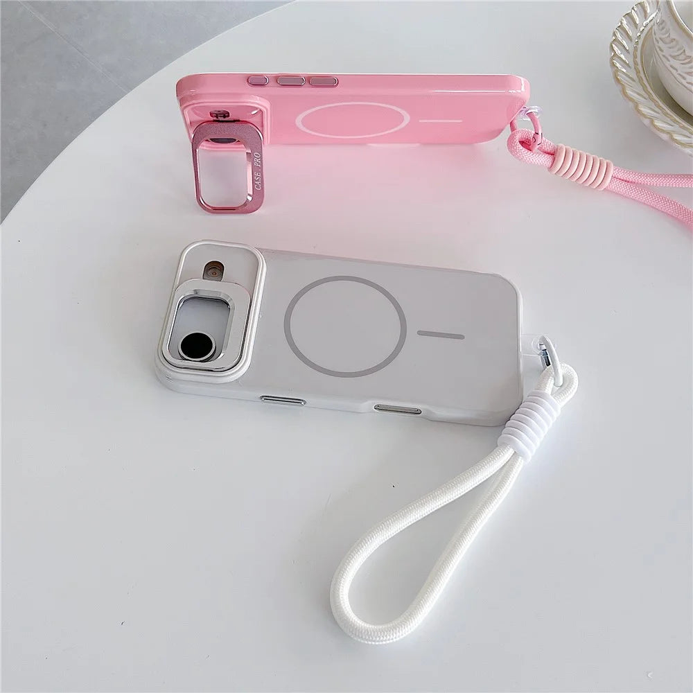 For iPhone Air Magnetic Case  TPU + PC Lens Kickstand Phone Cover with Tempered Glass and Strap Compatible with MagSafe - Pink - 3
