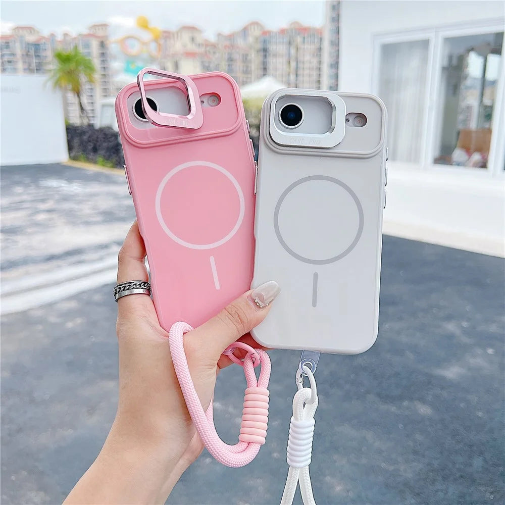 For iPhone Air Magnetic Case  TPU + PC Lens Kickstand Phone Cover with Tempered Glass and Strap Compatible with MagSafe - Pink - 4