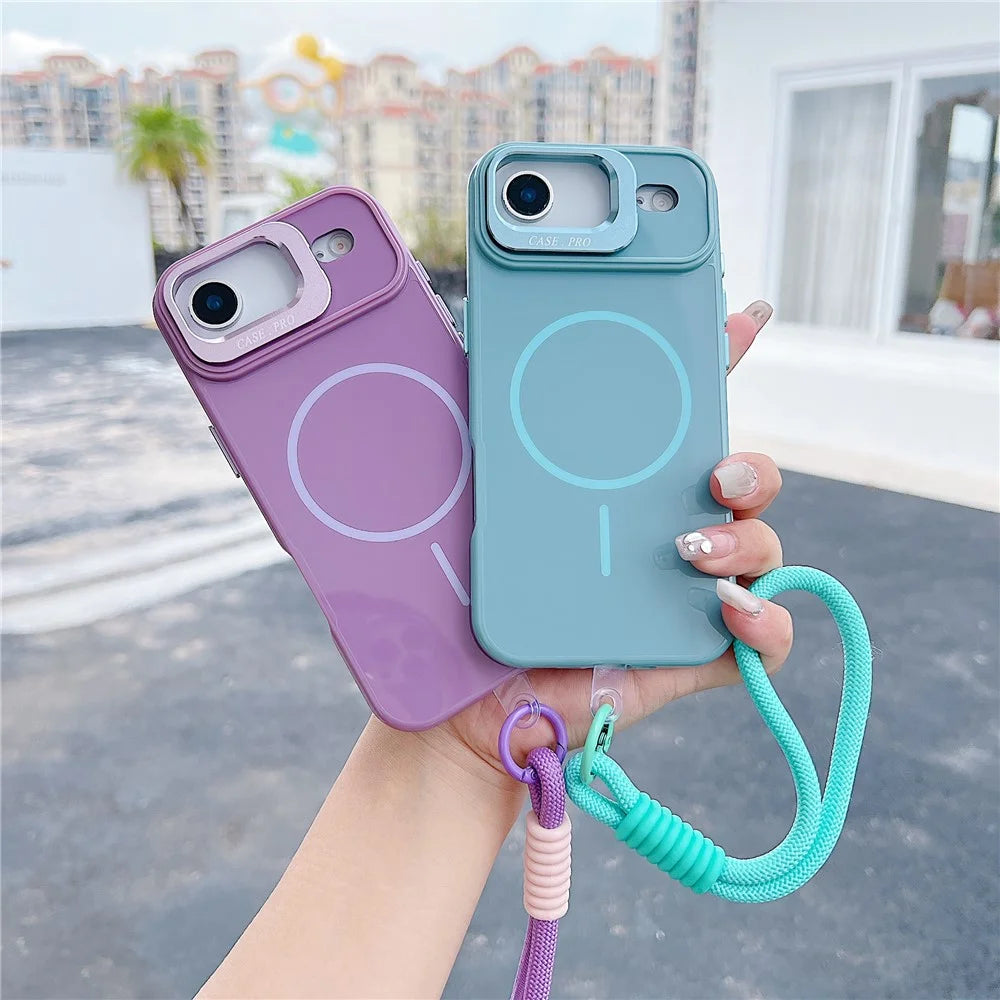 For iPhone Air Magnetic Case  TPU + PC Lens Kickstand Phone Cover with Tempered Glass and Strap Compatible with MagSafe - Pink - 5
