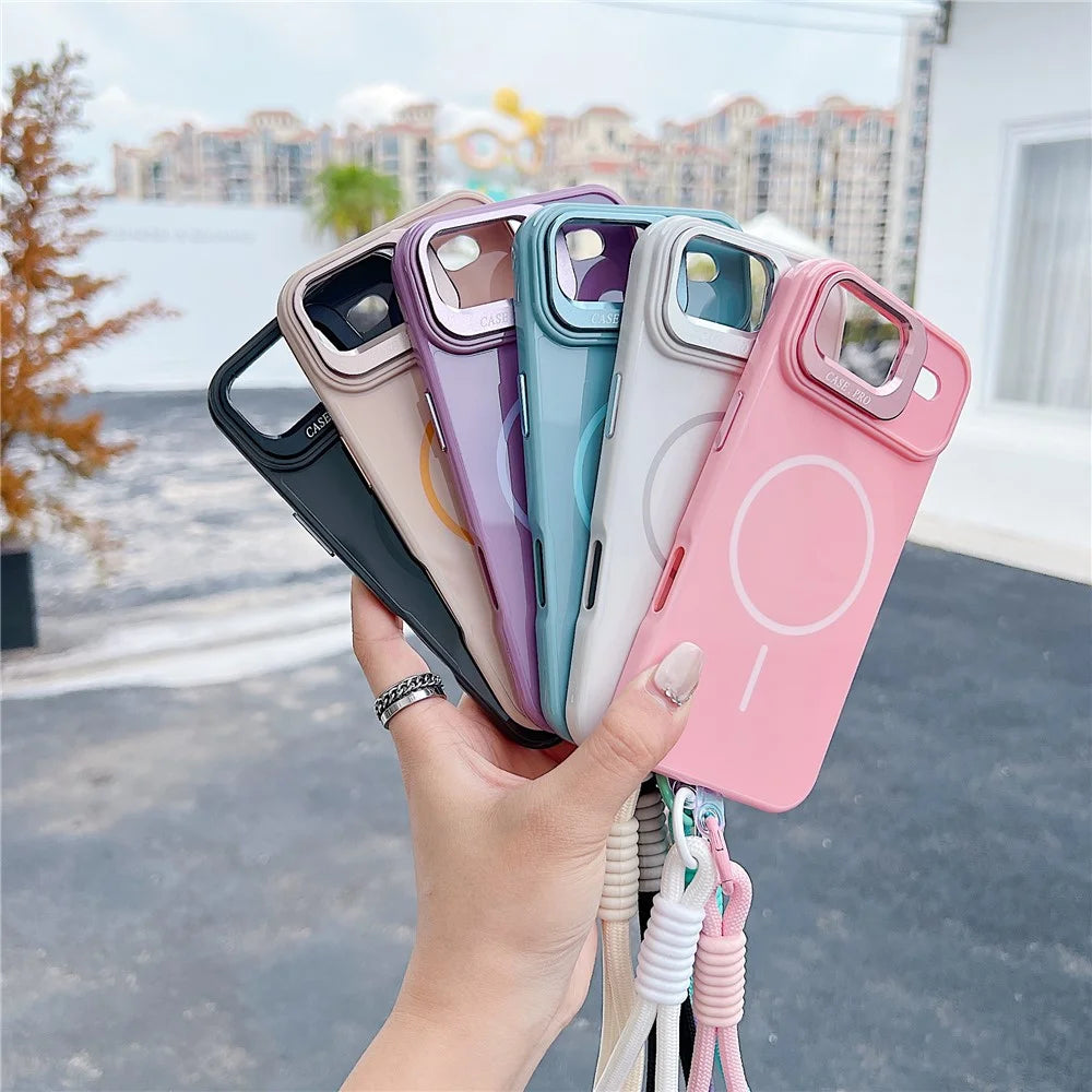 For iPhone Air Magnetic Case  TPU + PC Lens Kickstand Phone Cover with Tempered Glass and Strap Compatible with MagSafe - Pink - 7