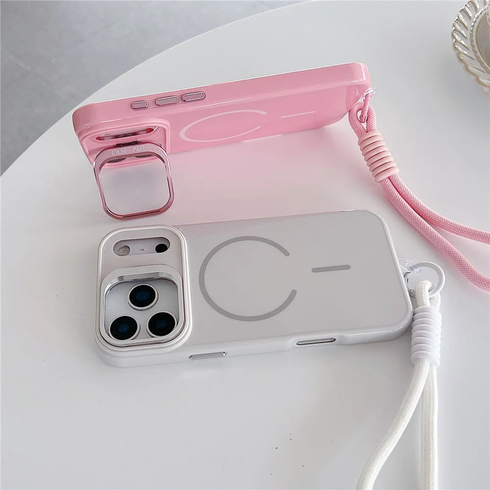 For iPhone 17 Pro Magnetic Case  TPU + PC Lens Kickstand Phone Cover with Tempered Glass and Strap Compatible with MagSafe  - White - 3
