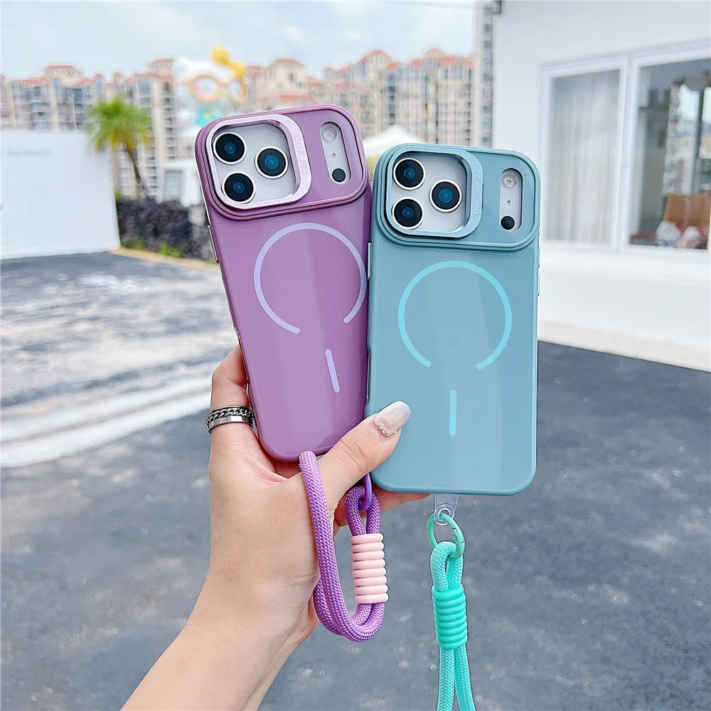 For iPhone 17 Pro Magnetic Case  TPU + PC Lens Kickstand Phone Cover with Tempered Glass and Strap Compatible with MagSafe  - White - 6