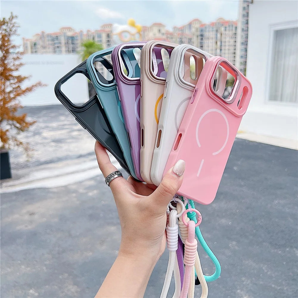 For iPhone 17 Pro Magnetic Case  TPU + PC Lens Kickstand Phone Cover with Tempered Glass and Strap Compatible with MagSafe  - White - 7