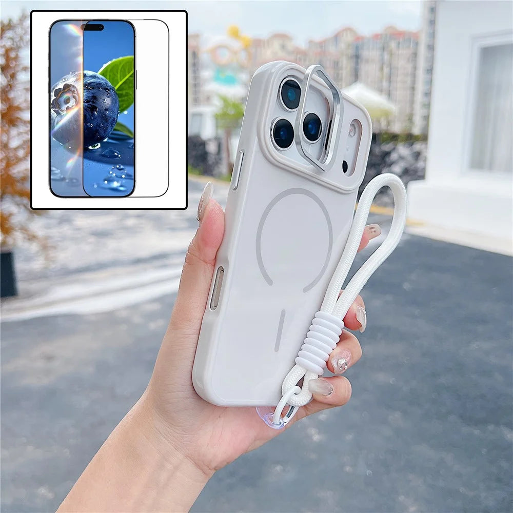 For iPhone 17 Pro Max Magnetic Case TPU + PC Lens Kickstand Phone Cover with Tempered Glass and Strap Compatible with MagSafe - White - 1