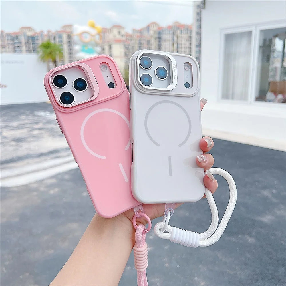 For iPhone 17 Pro Max Magnetic Case TPU + PC Lens Kickstand Phone Cover with Tempered Glass and Strap Compatible with MagSafe - White - 4