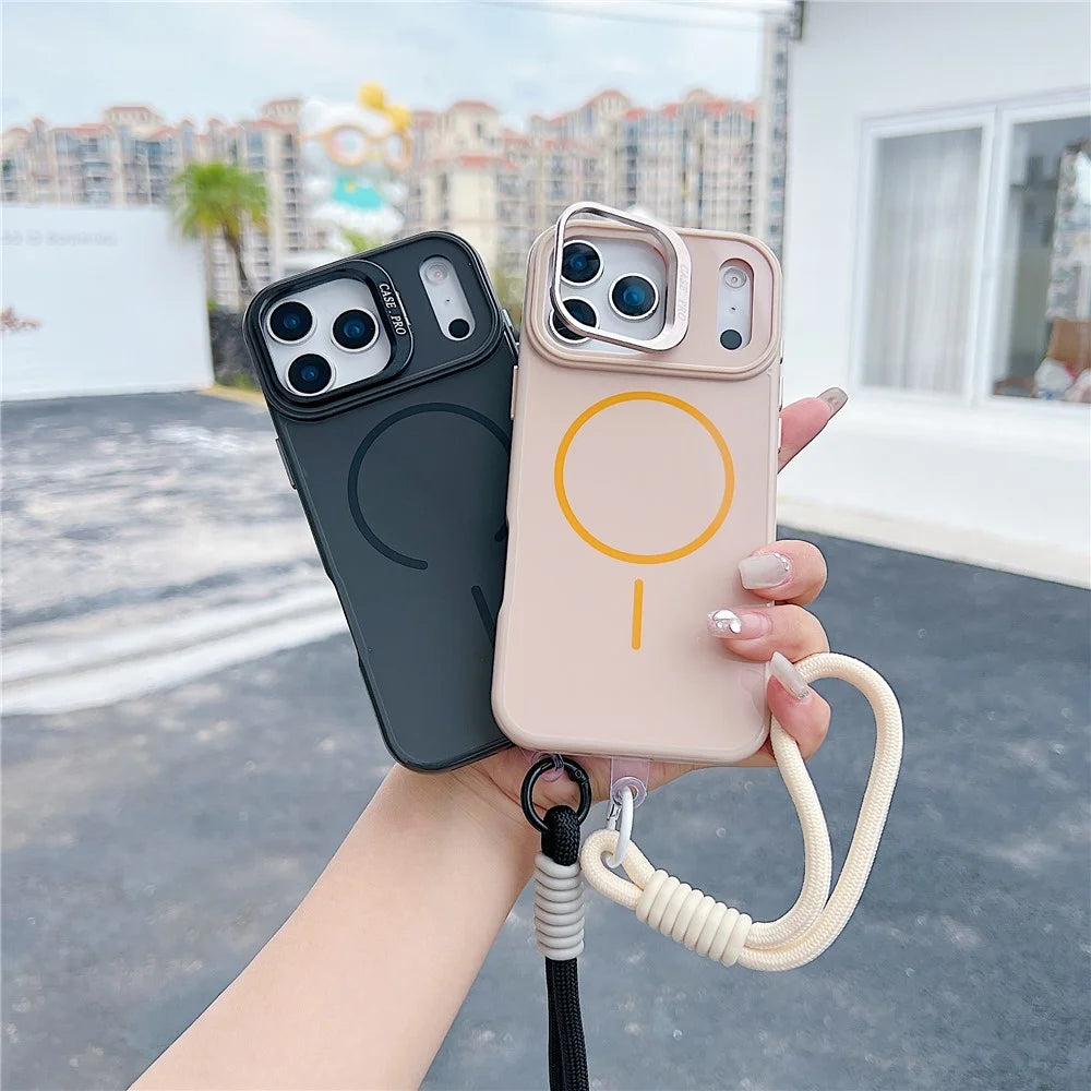 For iPhone 17 Pro Max Magnetic Case TPU + PC Lens Kickstand Phone Cover with Tempered Glass and Strap Compatible with MagSafe - White - 5