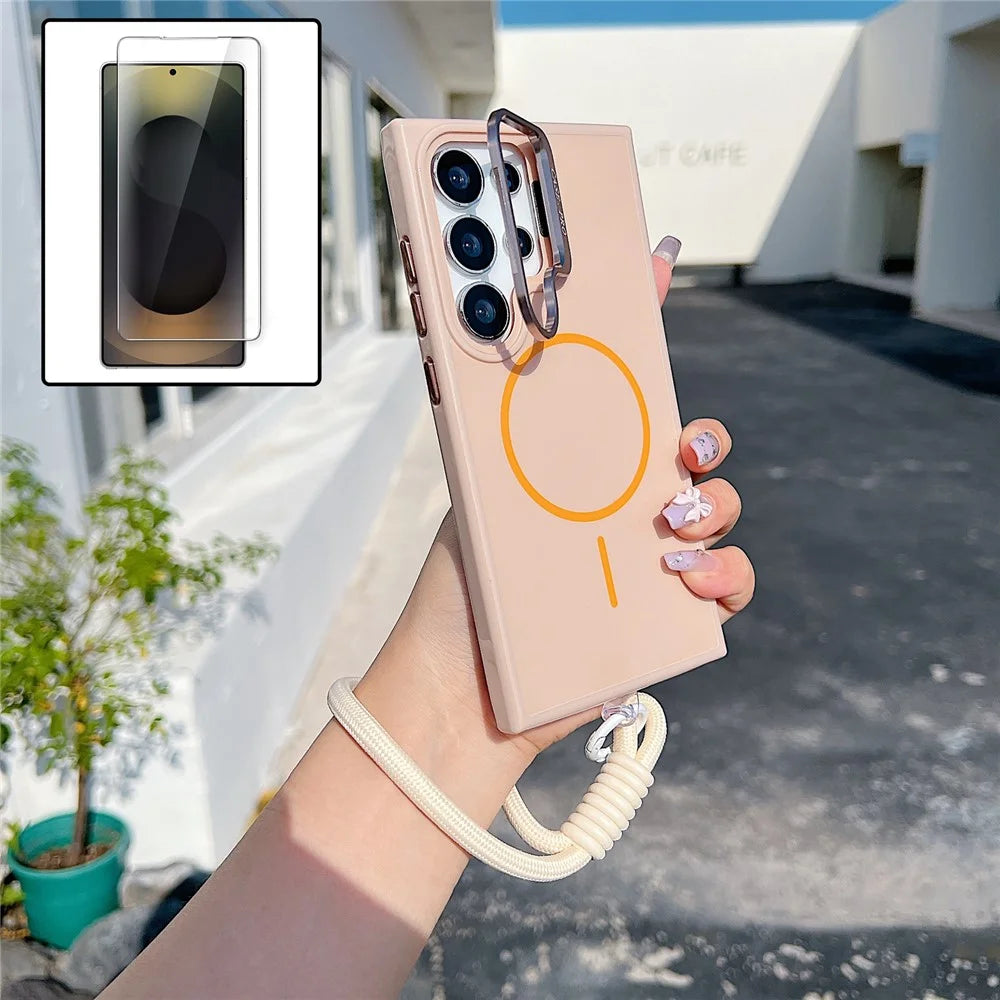 For Samsung Galaxy S25 Ultra Magnetic Case  TPU + PC Lens Kickstand Phone Cover with Tempered Glass and Strap - Gold - 1
