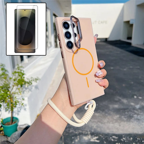 For Samsung Galaxy S25 Ultra Magnetic Case  TPU + PC Lens Kickstand Phone Cover with Tempered Glass and Strap - Gold - 1